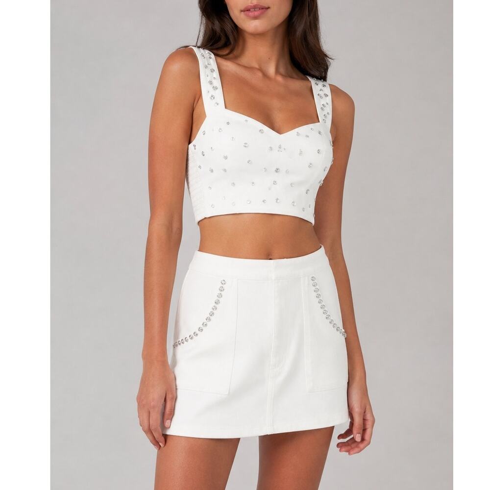 Show Me Your Mumu Shania Set White Denim Rhinestone Top L Skirt XL